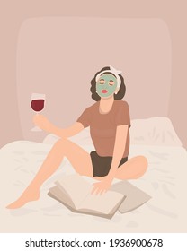 Hand drawn vector portrait of a young woman sitting on the bed using facial mask drinking wine and reading fashion magazines