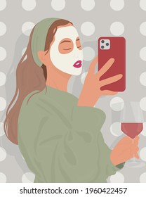 Hand drawn vector portrait of a young woman taking selfie while using facial mask and drinking wine