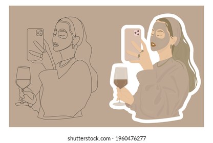 Hand drawn vector portrait of a young woman taking selfie while using facial mask and drinking wine, sticker