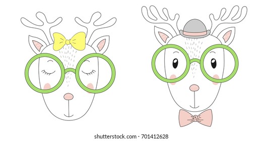 Hand drawn vector portraits of a funny reindeers girl and boy in hats and glasses. Isolated objects on white background. Vector illustration. Design concept for children.