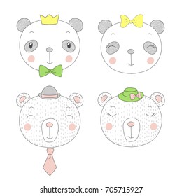 Hand drawn vector portraits of a funny pandas and bears girls and boys in hats. Isolated objects on white background. Vector illustration. Design concept for children.