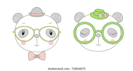 Hand drawn vector portraits of a funny pandas girl and boy in hats and glasses. Isolated objects on white background. Vector illustration. Design concept for children.