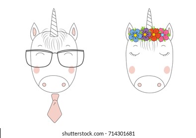 Hand drawn vector portraits of a funny unicorns girl and boy in flower chain and glasses. Isolated objects on white background. Vector illustration. Design concept for children.