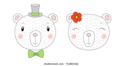 Hand drawn vector portraits of a funny bears girl and boy with flower and hat. Isolated objects on white background. Vector illustration. Design concept for children.