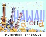 Hand drawn vector postcard with Hawaiian symbols. Three different ukuleles and aloha Hawaii lettering with floral plumeria frame. Suitable for postcard design, posters and banners.