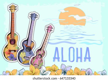Hand drawn vector postcard with Hawaiian symbols. Three different ukuleles and aloha lettering with floral plumeria frame and sunset on background. Suitable for postcard design, posters and banners.