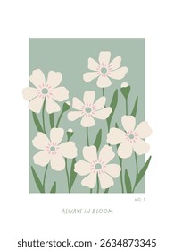 Hand drawn vector poster or card with abstract flowers. Trendy botanical print for summer design, Womens day, Valentines day, Mothers day. Whimsical floral art. Flat vector illustration