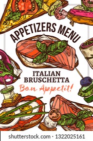 Hand drawn vector poster or design template for appetizers menu. Sketch food illustration with finger food and italian bruschetta