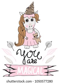 Hand drawn vector poster with lettering, cute unicorn. Princess world. Cute print for children's room, cartoon romantic illustration.