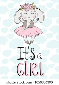Hand drawn vector poster with lettering, cute elephant. Princess world. Cute print for children's room, cartoon romantic illustration.