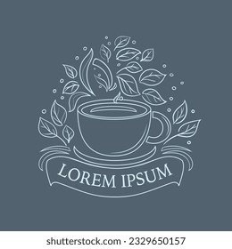 Hand drawn vector poster on dark background. A cup of aromatic fresh tea on a blue background. Illustration is suitable for cafe advertising. 