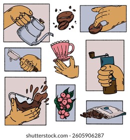 Hand drawn vector poster on coffee theme in retro style. Plant, hands with coffee equipment: grinder, pourover funnel, brewing kettle, coffee machine horn, etc.