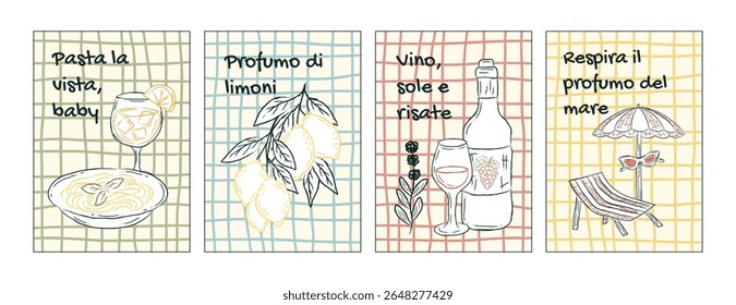 Hand drawn vector poster set with Italian summer elements: pasta, lemons, wine bottle, glass, beach umbrella and deck chair. Mediterranean retro kitchen, restaurant, home wall decor.

