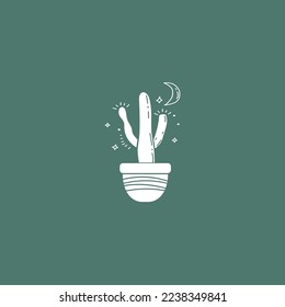 Hand drawn vector potted white Cactus houseplant with moon and stars illustration.