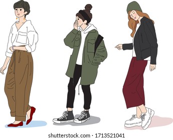 Bonitas damas vectoriales dibujadas a mano paradas de fondo blanco. Tres mujeres elegantes e informales.