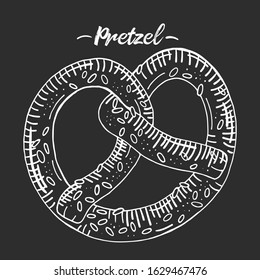 Hand drawn vector pretzel. White outline on a black background.
