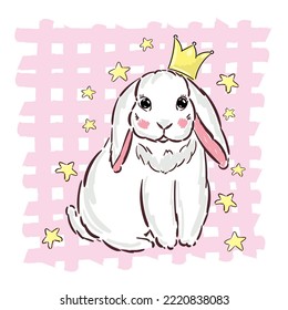 Hand Drawn Vector Princess Bunny Rabbit, Cute Cartoon Character Print