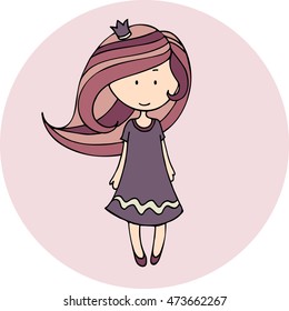 Hand drawn vector princess illustration. Doodle girl with a crown drawing