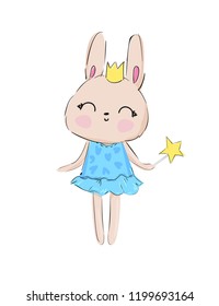 Hand drawn vector princess rabbit, Cute Bunny cute illustration. Print for children's t-shirts.  