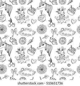 Hand drawn vector princess seamless pattern with unicorn, cakes, flowers, toys, beautiful elements. Cute background for children's room, cartoon illustration. Baby theme. 