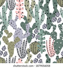 Hand drawn vector print with cactus. Summer abstract pattern in modern style. Seamless pattern 