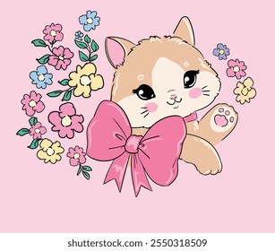 Hand Drawn Vector Print of Cute Cat and bow with Flowers Stylish and Decorative Design Pink Background