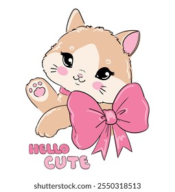 Hand Drawn Vector Print of Cute Cat and bow 