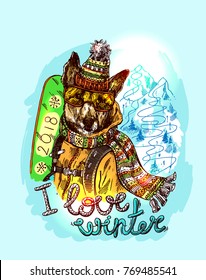 Hand drawn vector print I love winter. Dogl with snowboard. Sketch style drawing.