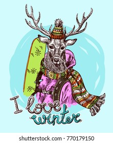 Hand drawn vector print I love winter. Animal with snowboard. Sketch style drawing.
