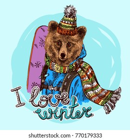 Hand drawn vector print I love winter. Animal with snowboard. Sketch style drawing.
