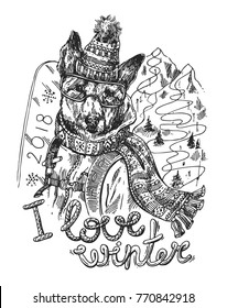 Hand drawn vector print I love winter. Dogl with snowboard. Sketch style drawing.