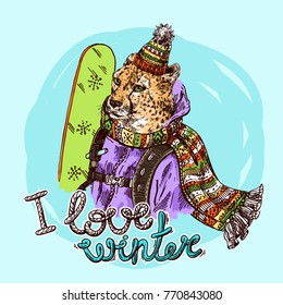 Hand drawn vector print I love winter. Animal with snowboard. Sketch style drawing.