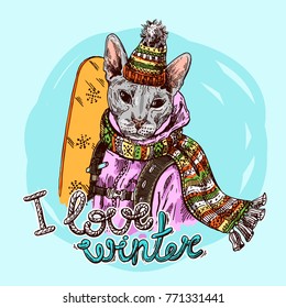 Hand drawn vector print I love winter. Animal with snowboard. Sketch style drawing.