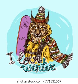 Hand drawn vector print I love winter. Animal with snowboard. Sketch style drawing.