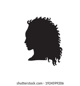 Hand drawn vector profile icon, beautiful afro american woman with curly hair. Clip art, design element, logo, isolated. Feminism, no racism, ethnic beauty. EPS 10, typography and digital use.