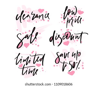 Hand drawn vector promotional design of words clearance, low price, sale, discount, limited time, save up for banner on website, clothes store. Drawn art sign. Art illustration of logotype give away