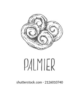 Hand drawn vector puff pastry dessert. French heart shaped cookies. Baked palmiers image for packaging, manu, design, ad