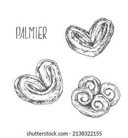 Hand drawn vector puff pastry dessert. French heart shaped cookies. Baked palmiers image for packaging, manu, design, ad