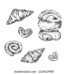 Postres franceses de hojaldre de vectores dibujados a mano. Buns, panecillos, dolores en el chocolate, croissants, palmiers. Dulce diseño de plantilla para anuncio, menú, etiqueta, ajuste