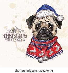 hand drawn vector of pug dog with christmas hat on white background