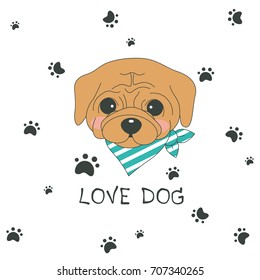 Hand drawn vector pug dog cute cartoon design, vector illustration.