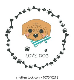 Hand drawn vector pug dog cute cartoon design, vector illustration.