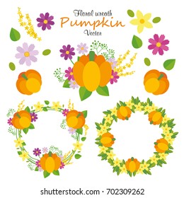Hand drawn vector pumpkin floral wreath illustration set. beautiful floral round frames with Halloween flowers