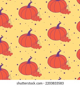 Hand drawn vector pumpkin and rowan pattern background
