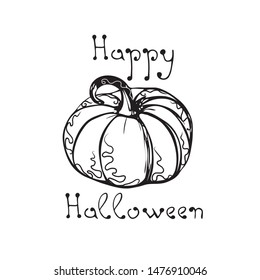 Hand drawn vector pumpkin with hand drawn text Happy Halloween, autumn halloween background