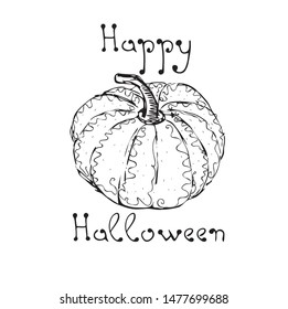 Hand drawn vector pumpkin with hand drawn text Happy Halloween, autumn halloween background