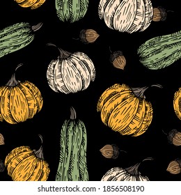Hand drawn vector pumpkins, zucchini, acorns pattern. Vegetables graphic textile pattern. Harvest sketch illustration.