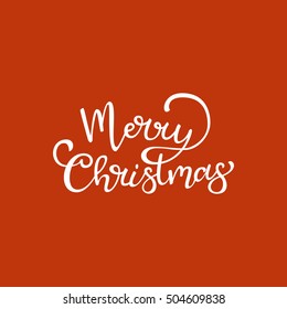 Hand drawn vector quote. Merry Christmas. Isolated white ink calligraphy on bright red background. Quote about winter and Christmas.