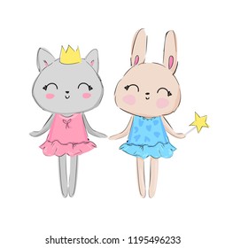Hand Drawn Vector Rabbit and Cat, Print for children's t-shirts. Illustration  