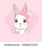 Hand Drawn Vector Rabbit, Cute Bunny, Rabbit with bow cute illustration. Print for children's t-shirts.  